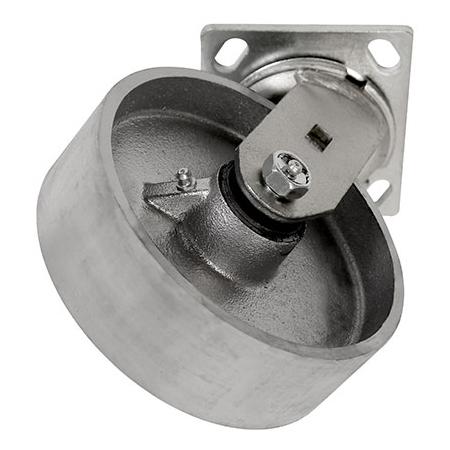 Angled bottom view of swivel caster with silver wheel